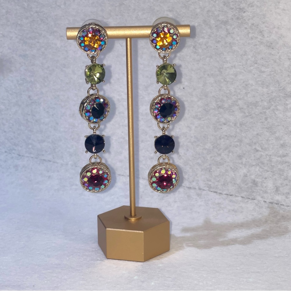 Colorful Crystal Drop Earrings | Gold Tone Statement Dangle | Vintage Glam - Picture 5 of 5